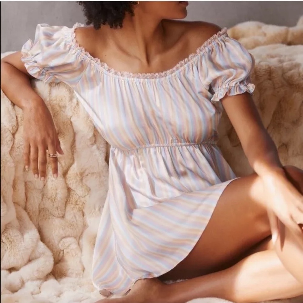 Morgan Lane Ava Off Shoulder Smocked Sleep Mini Dress Pastel Rainbow Striped